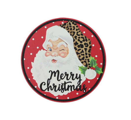 8” Round Metal Merry Christmas Santa Wreath Sign with Glitter Accent