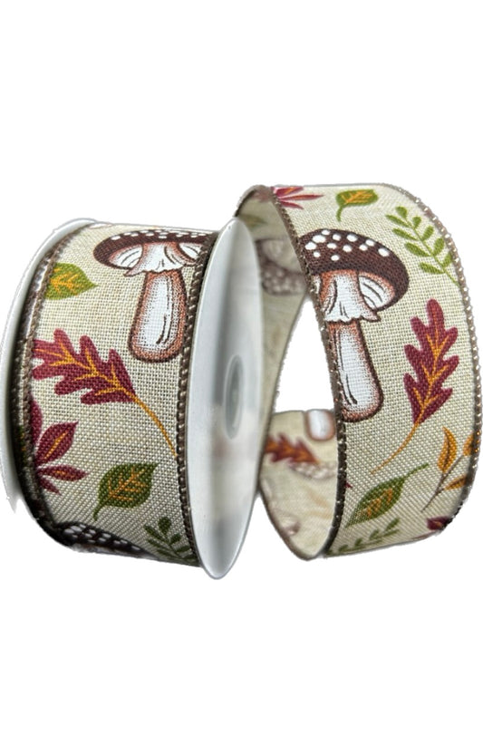 Wired Natural Linen Earthy Fall Mushrooms Ribbon- 1.5”x10 Yards