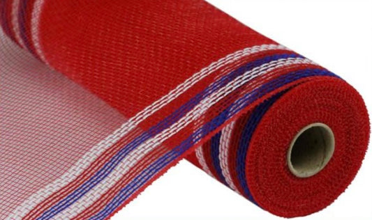 10.5 inch x 10 Yards Red, White and Blue Border Stripe Metallic Mesh