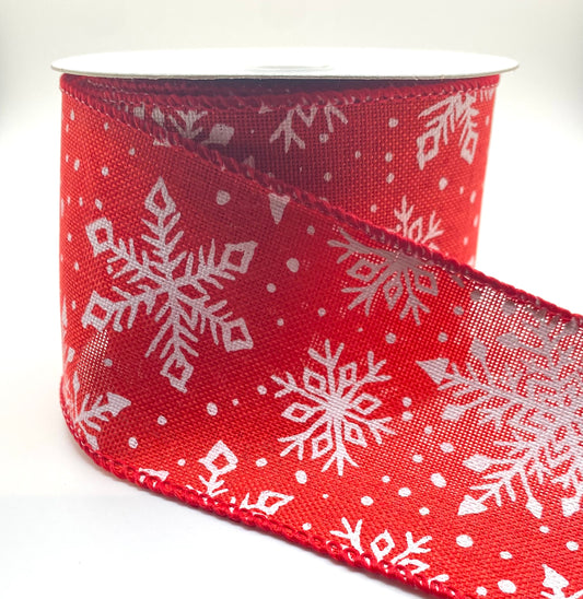 10 Yards - 2.5" Wired Red with White Snowflake Ribbon