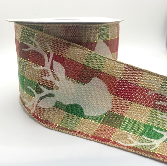 10 Yards - 2.5" Wired Christmas Check Deer Head Ribbon