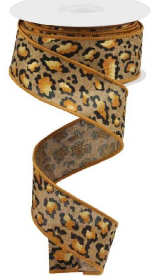 10 Yards - 1.5” Wired Natural Cheetah Print Ribbon with Metallic Orange Accent