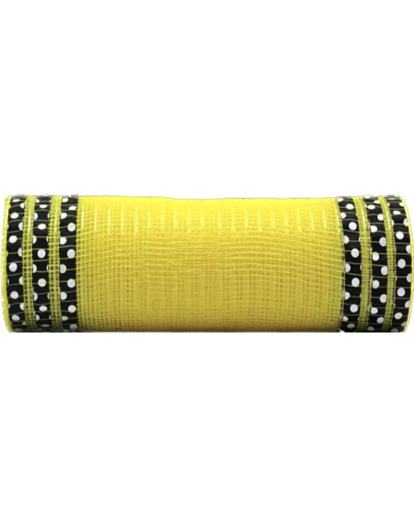 10 inch x 10 Yards Yellow with Black Borders and White Polka Dots Mesh