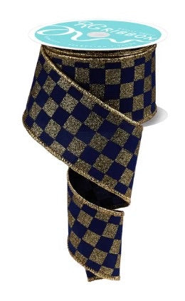 Wired Navy and Gold Print Glitter Check Ribbon- 2.5”x10 Yards