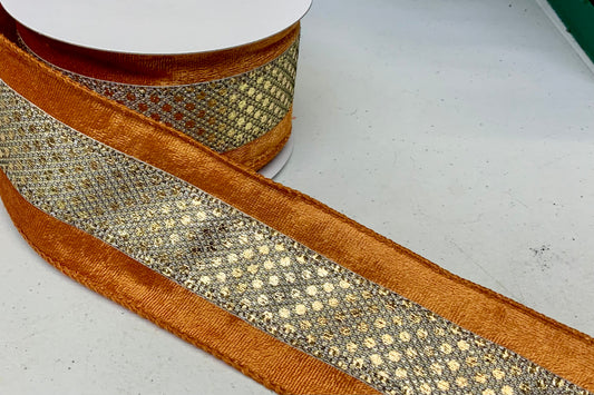 Wired Gold Metallic Black Mesh with Light Rust Velvet Edge Ribbon- 2.5”x10 Yards