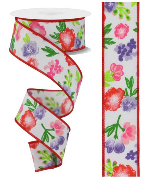 10 Yards - 1.5” Wired Bright Florals on White Ribbon