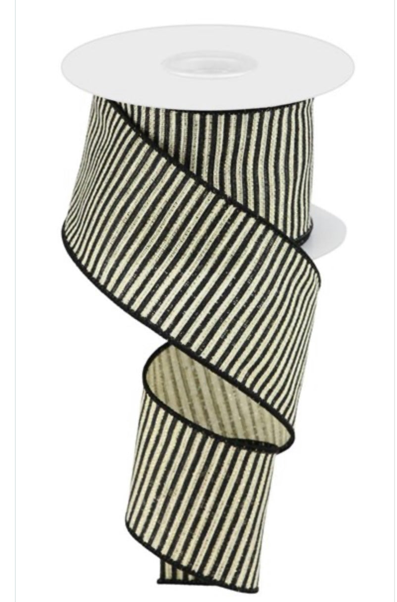 10 Yards - 2.5” Wired Ivory, Black, and Metallic Gold Stripe Ribbon