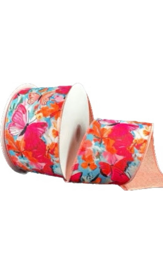 Wired Double Sided Oil Painting Butterflies- Coral Linen Back Ribbon- 2.5”x10 Yards