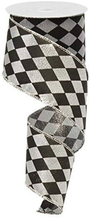 10 Yards - 2.5” Black and Silver Metallic Harlequin Ribbon