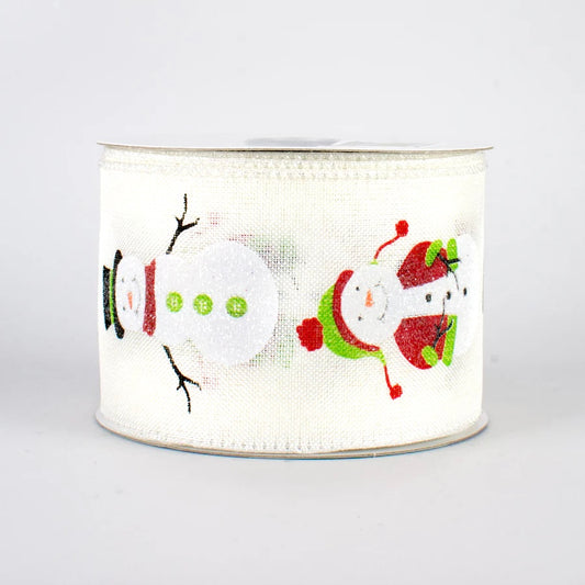 10 Yards - 2.5” Wired Ivory Background Glitter Accent Snowman Ribbon