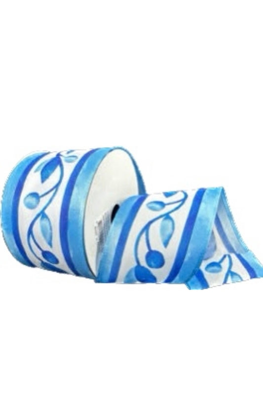 Wired Navy Blue Watercolor  Vine Stripe Ribbon- 2.5” x10 Yards