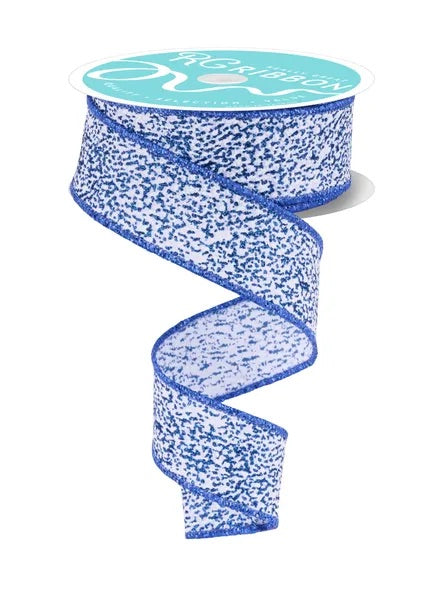 Wired White and Blue Irregular Spotted Glitter Ribbon- 1.5”x10 Yards