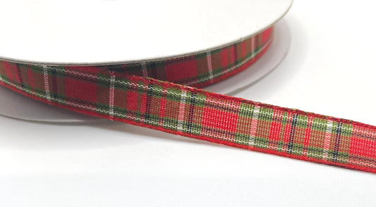 10 Yards - 3/8” Wired Red Green White Christmas Plaid Ribbon