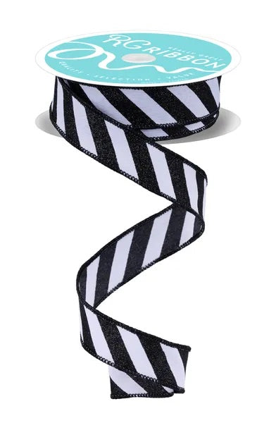 Wired Black and White Diagonal Stripes Ribbon- 7/8”x 10 Yards