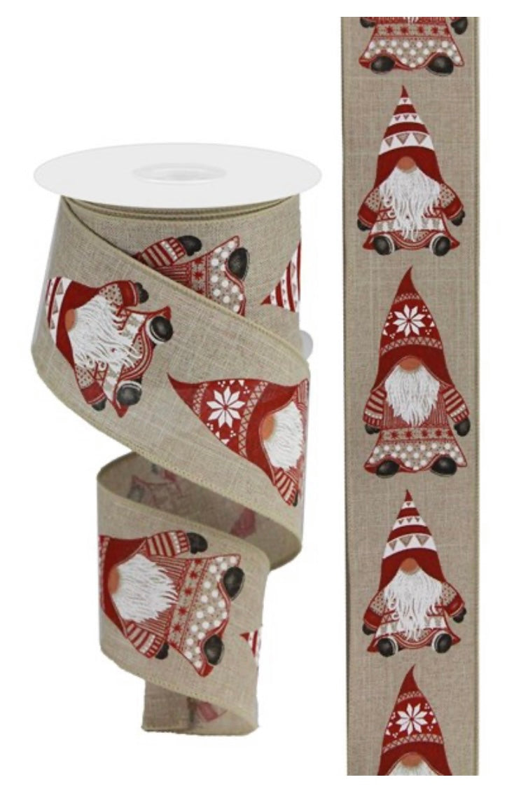 10 Yards - 2.5" Wired Cream Background Christmas Gnome Ribbon