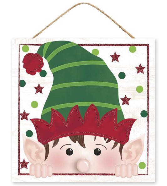 10” Square Peeking Elf Christmas Wreath Sign with Glitter Accent