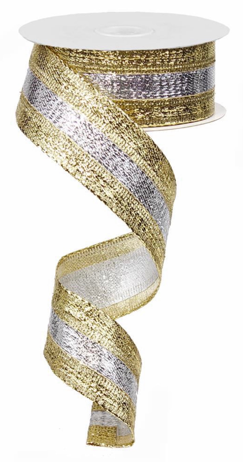 10 Yards - 1.5” Wired Gold and Silver Metallic Ribbon