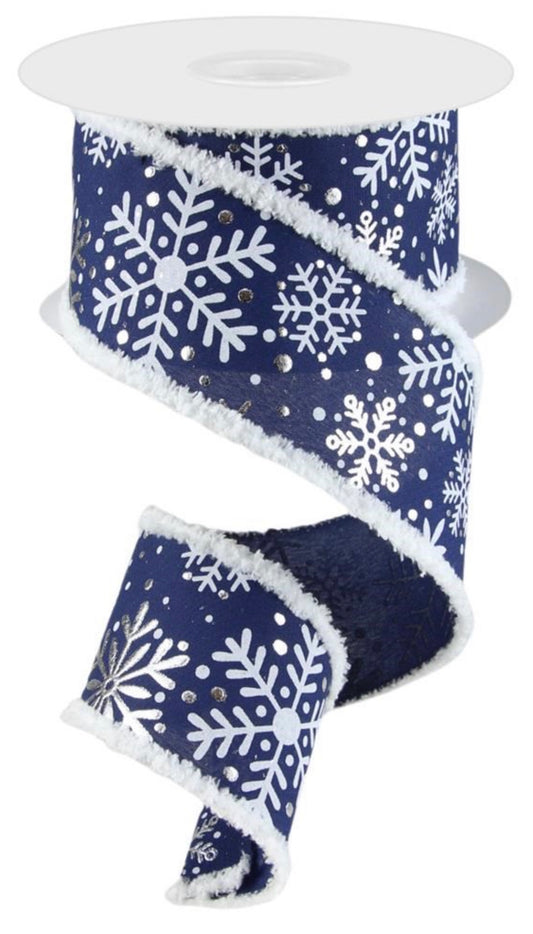 10 Yards - 2.5" Wired Navy, White, and Metallic Silver Winter Snowflake Ribbon with Snowdrift Edge