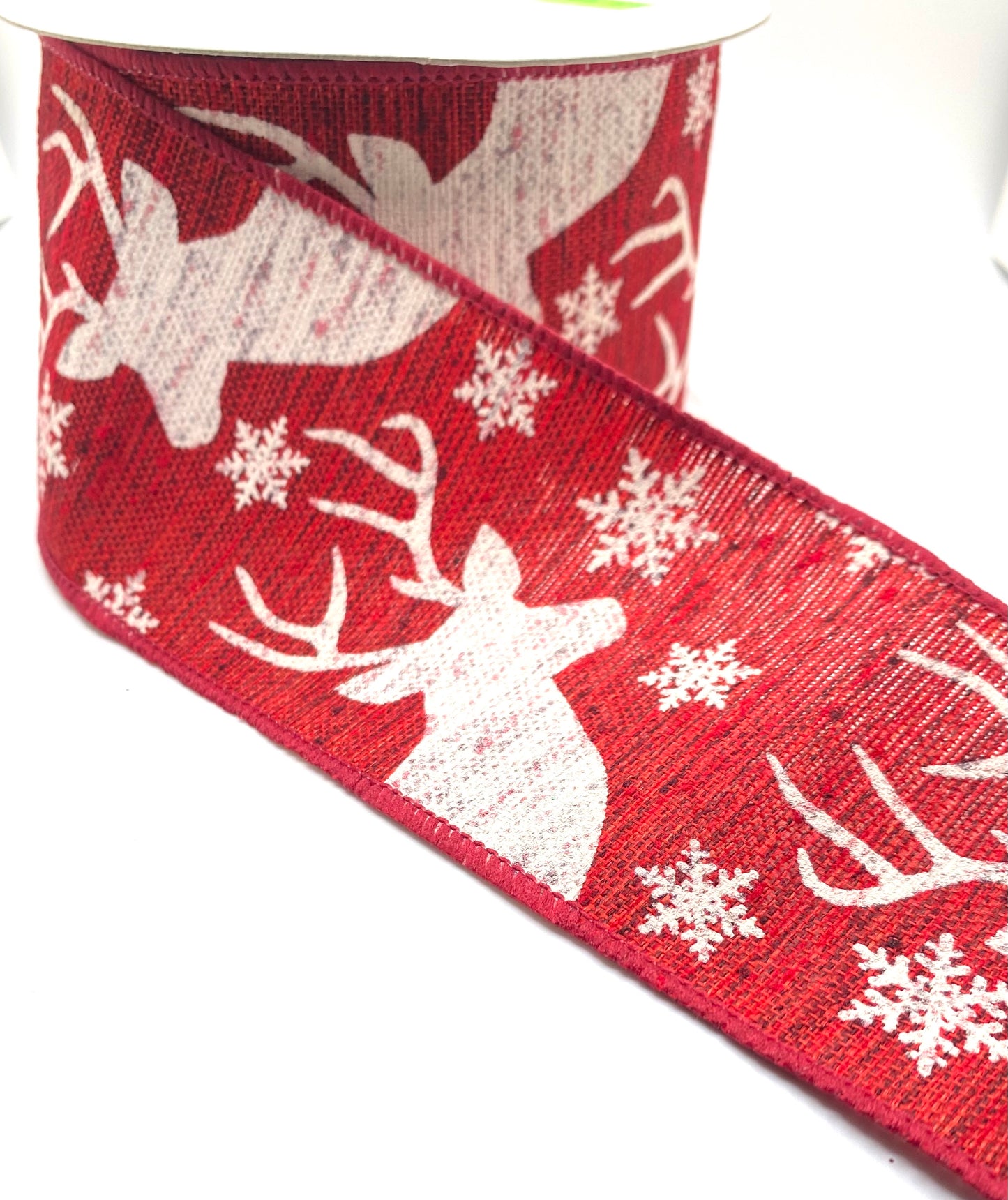 10 Yards - 2.5” Wired Red Linen White Deer and Snowflake Ribbon