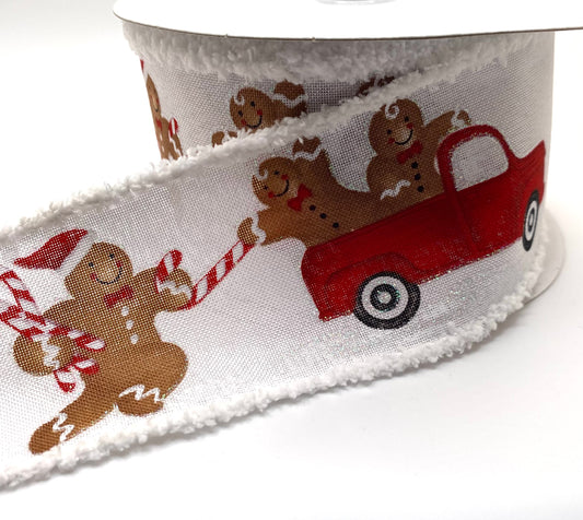 10 Yards - 2.5" Wired Gingerbread and Red Truck Ribbon