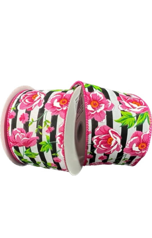 Wired Black and White Cabana Stripe Pink Peonies Ribbon- 2.5”x10 Yards