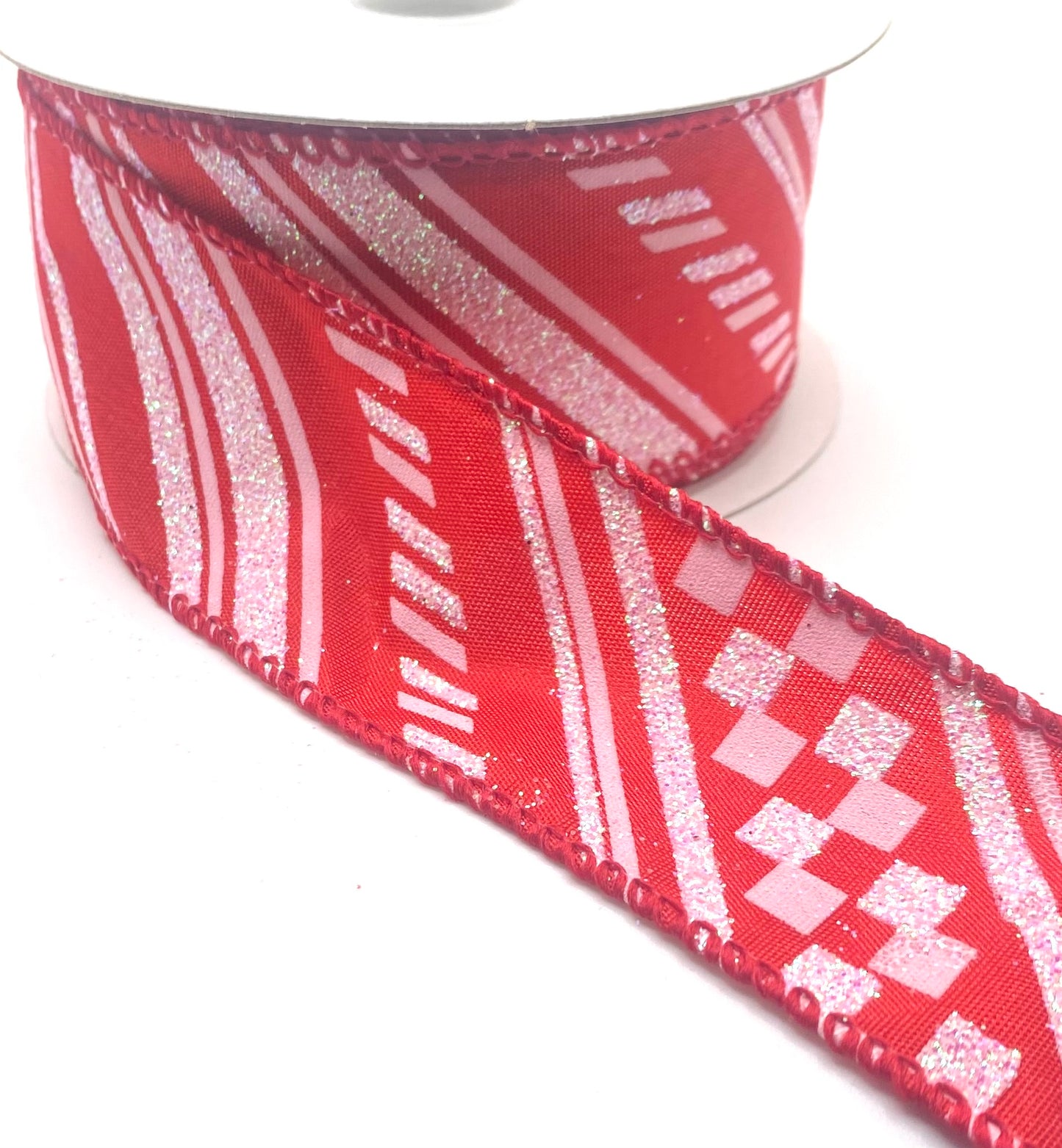 10 Yards - 1.5” Wired Red Satin White Glitter Plaid Stripes Ribbon