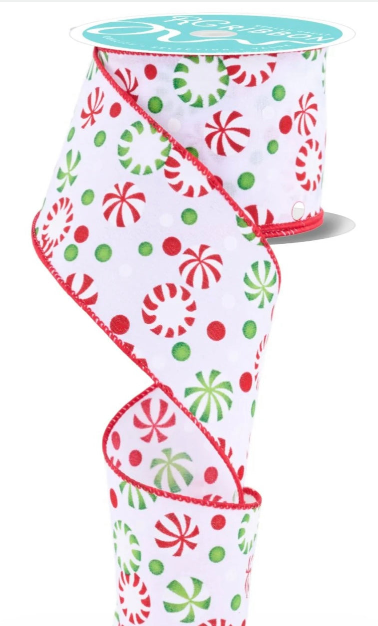 10 Yards - 2.5” Wired Red, White and Green Peppermint Candy Ribbon