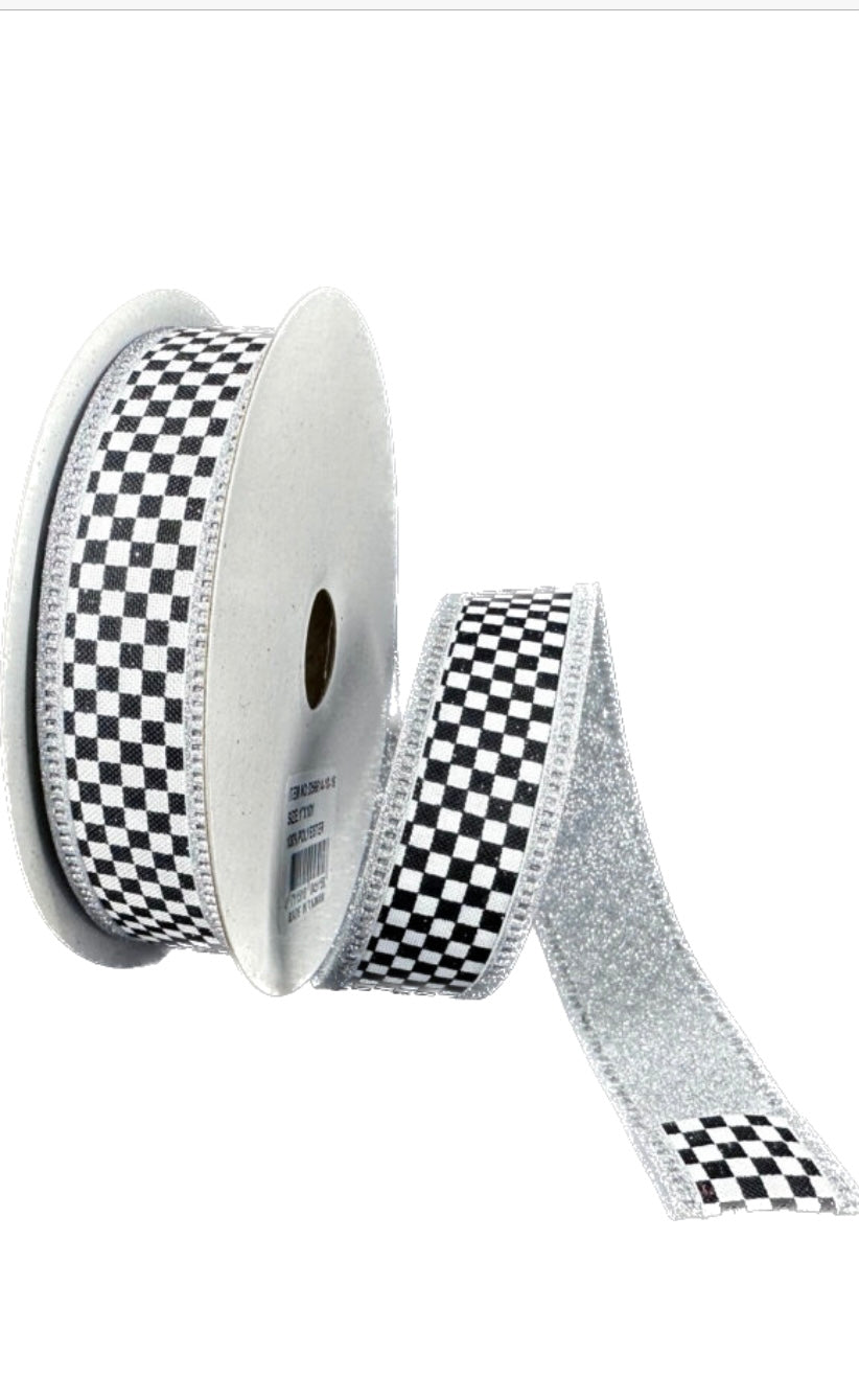 Wired Double Sided Black White Check Silver Edge Ribbon- 1”x10 Yards