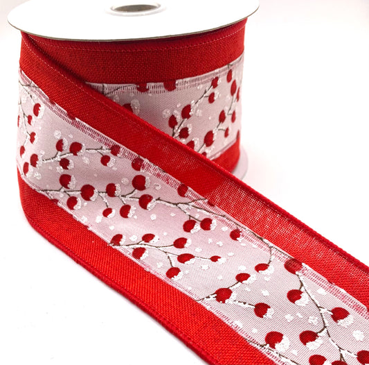 10 Yards - 2.5” Wired White Satin Red Berries Red Edge Ribbon