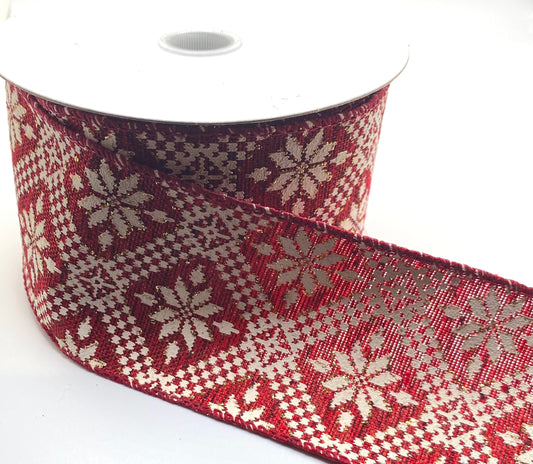 10 Yards - 1.5” Wired Burgundy Burlap White Rustic Poinsettias Ribbon