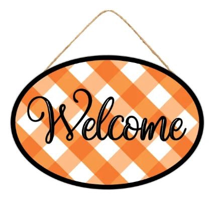 15”x10.35” Oval Orange and White Plaid Wreath Sign