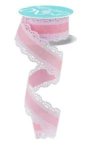 Wired Light Pink Ribbon with White Lace Detail-1.5”x10 Yards