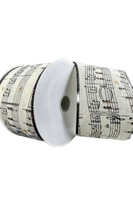 Wired Ivory Linen Musical Sheet Glitter Accents Ribbon- 2.5”x10 Yards