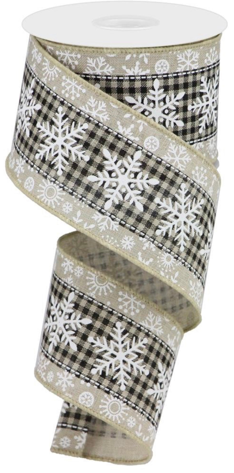 10 Yards - 2.5” Wired Black and Natural Check Snowflake Ribbon