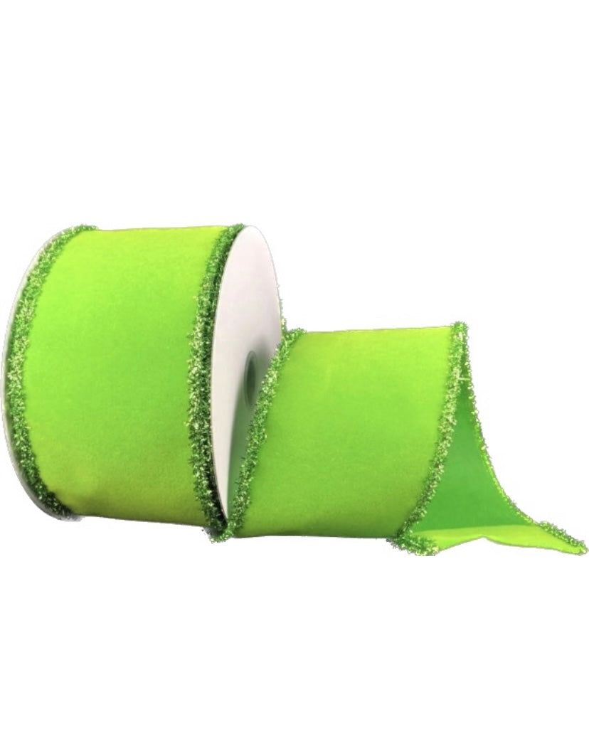 10 Yards - 2.5” Wired Lime Green Velvet Tinsel Edge Ribbon