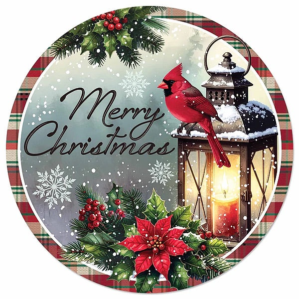 12" Round Metal Merry Christmas Cardinal Wreath Signs