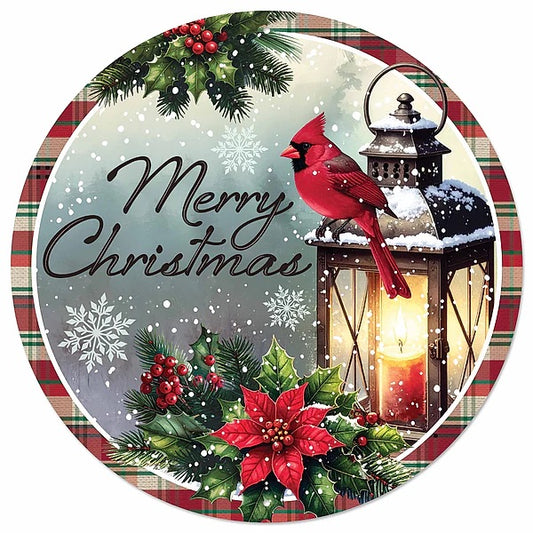 12" Round Metal Merry Christmas Cardinal Wreath Signs