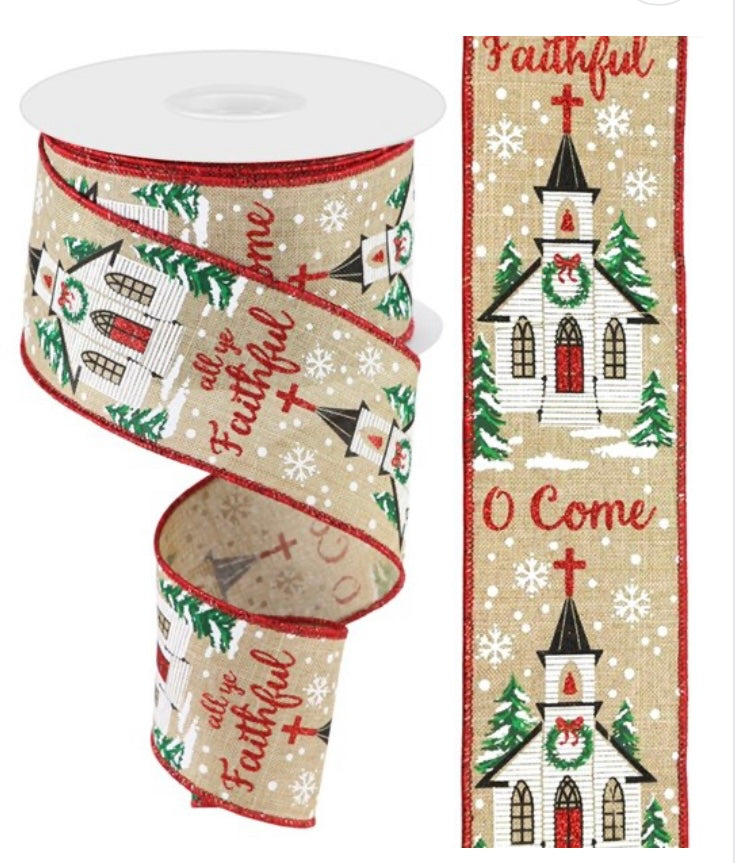 10 Yards - 2.5” Wired O Come All Ye Faithful Christmas Church Glitter Ribbon