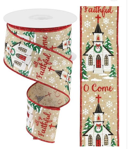 10 Yards - 2.5” Wired O Come All Ye Faithful Christmas Church Glitter Ribbon