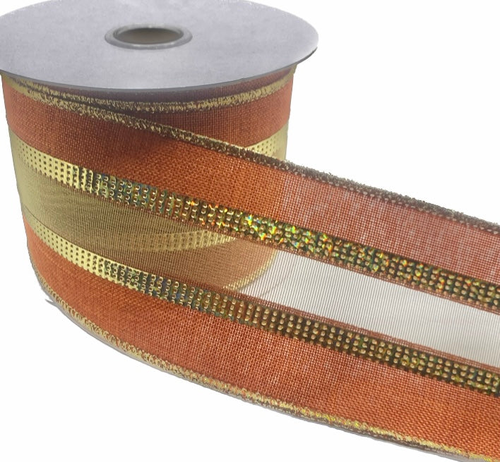 10 Yards - 2.5" Wired Orange Linen with Gold Firefly Center Ribbon