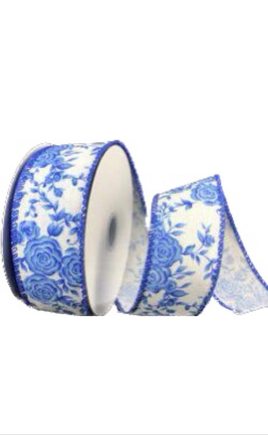 Wired Blue Rose Floral Ribbon-1.5”x10 Yards