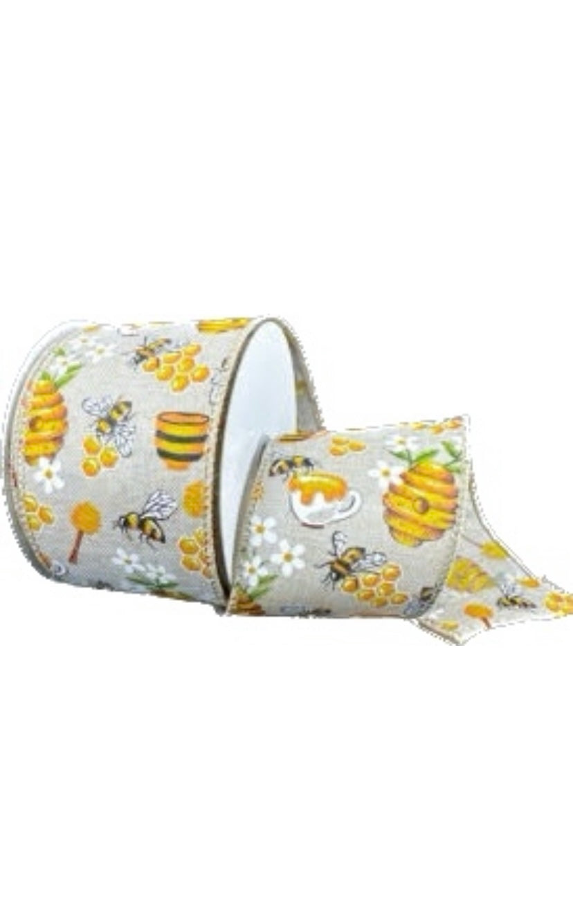 Wired Light Natural Linen Working Bees Flower Ribbon-2.5”x10 Yards