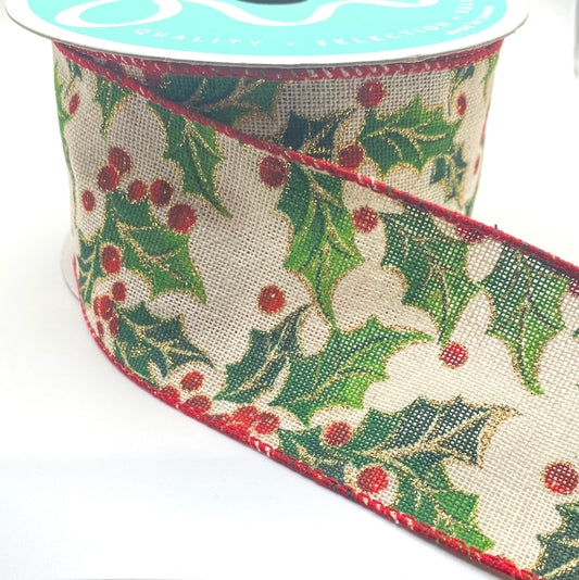 10 Yards - 2.5” Wired Holly and Berries Ribbon