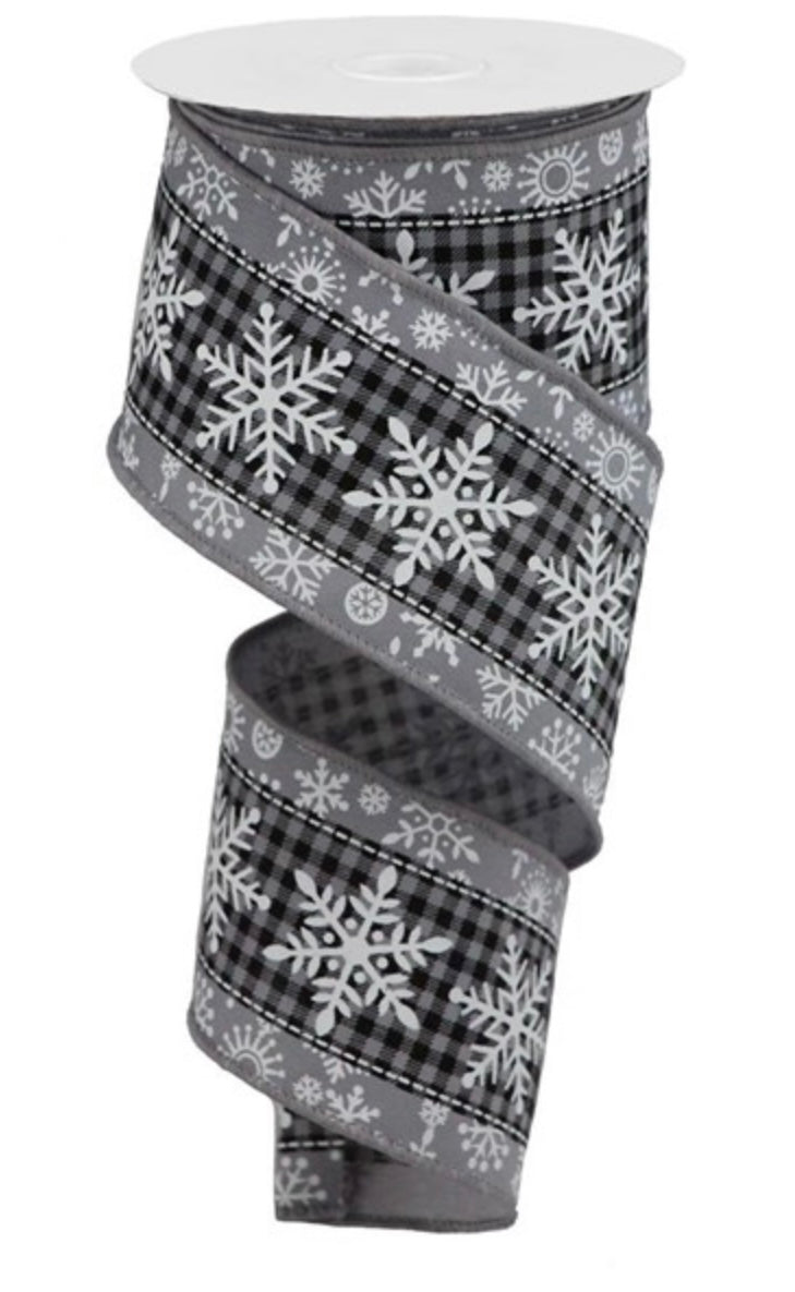 10 Yards - 2.5" Wired Gray and Black Check with Snowflake Ribbon