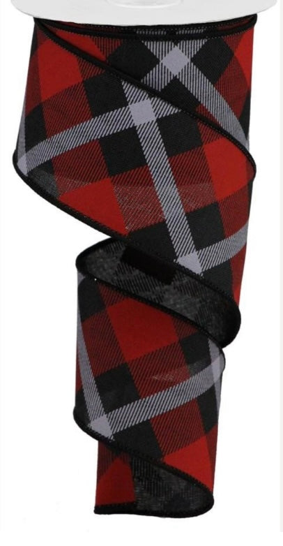 Wired Red, Black, and Gray Cross Plaid Christmas Ribbon- 2.5”x 10 Yards