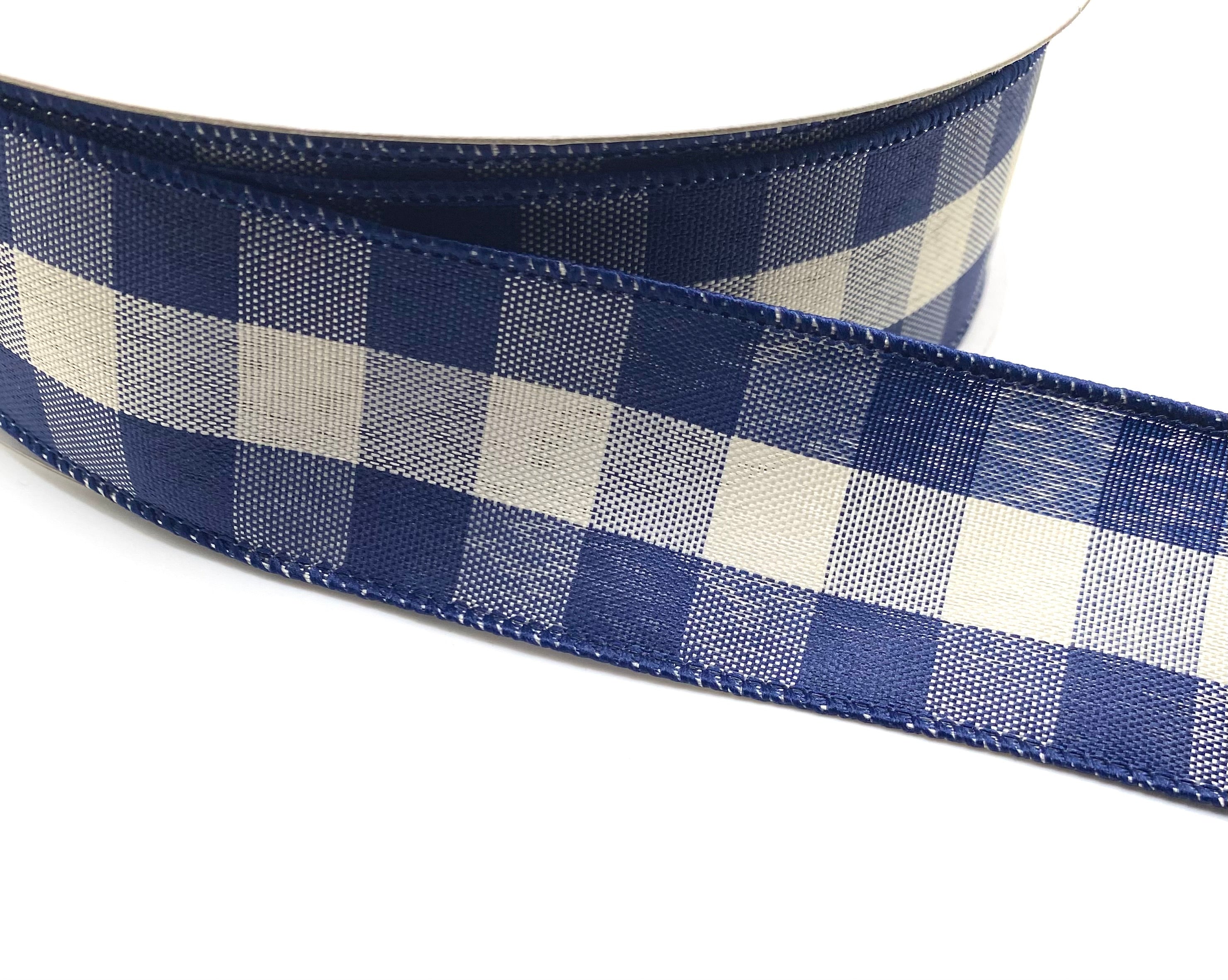 50 Yards - 1.5” Wired Navy Blue and Cream Woven Check Ribbon ...