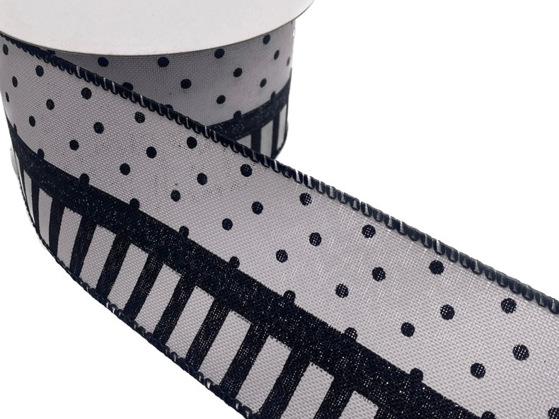 10 Yards - 2.5" Wired White Black Lines Dots and Stripes Ribbon