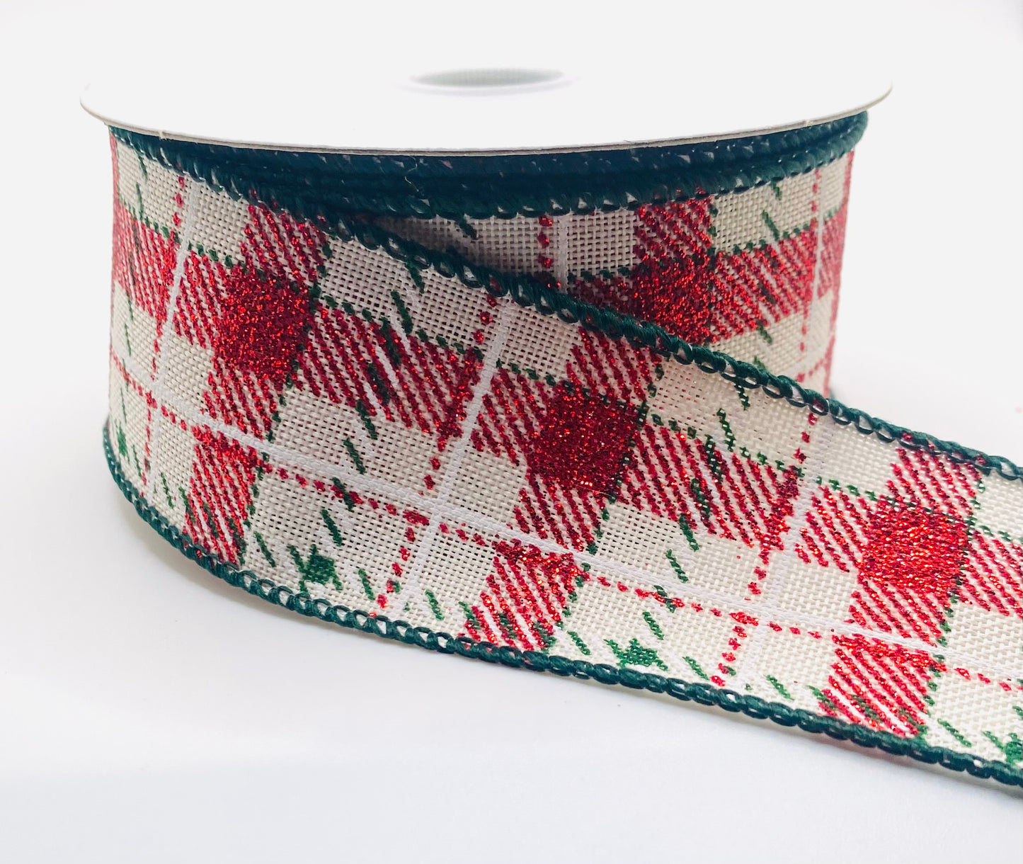 10 Yards - 1.5” Wired Canvas Green White and Red Candy Cane Stripe Plaid Ribbon