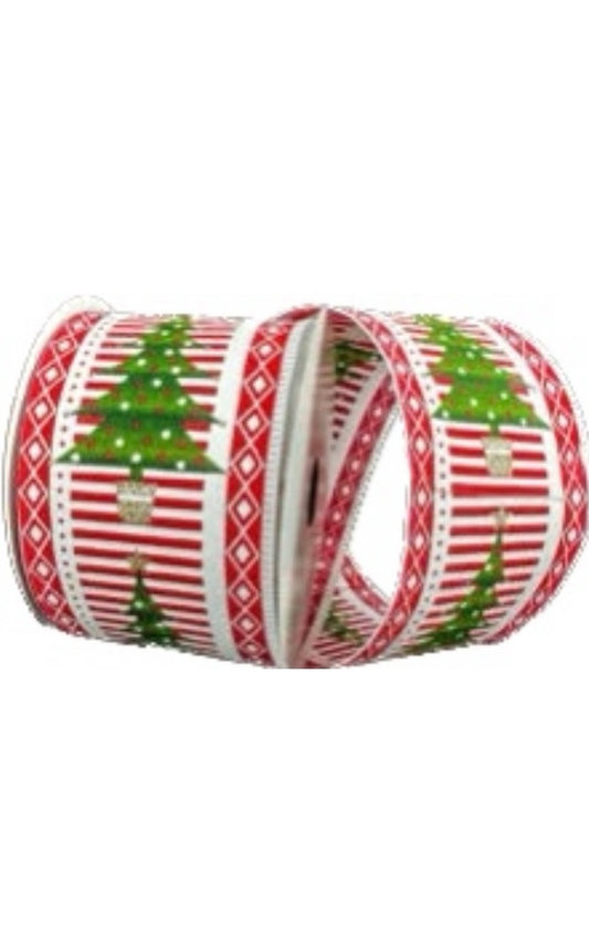 Wired Red and White Satin Christmas Tree Ribbon- 2.5”x10 Yards