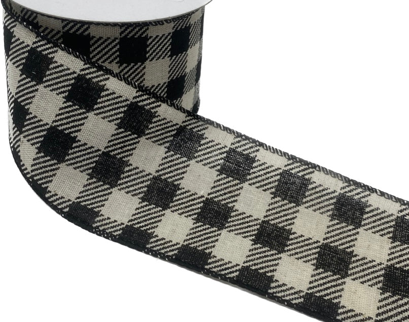 10 Yards - 2.5” Wired Black and Cream Check Ribbon